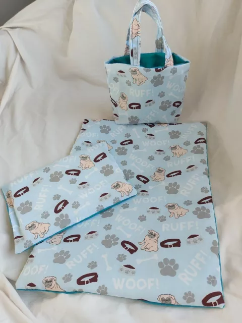 Dolls Pram Cot Crib Quilt & Pillow Pug  Bedding Set With Matching Bag Handmade