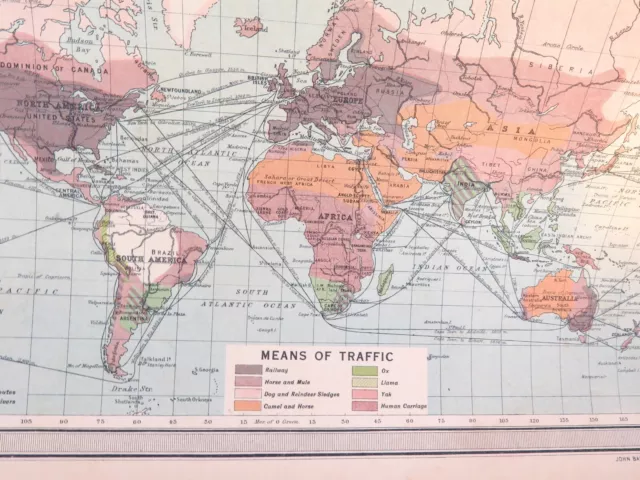 .1922 INTERESTING LARGE MAP THE WORLD. COMMERCE, OCCUPATIONS, MEANS of TRAFFIC 3