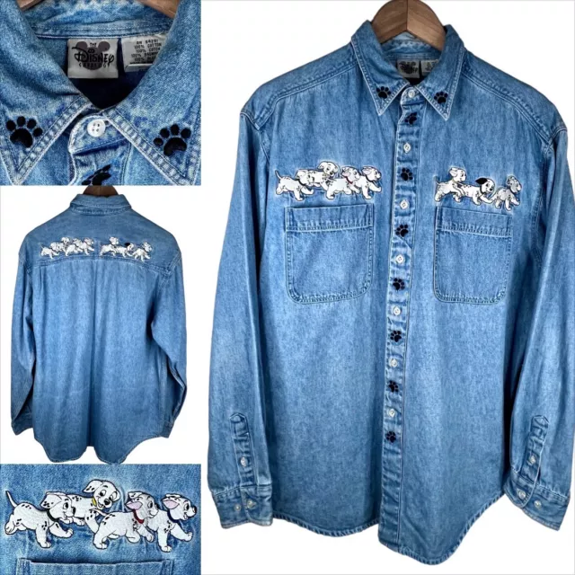 101 DALMATIANS Medium Vintage Disney Catalog Embroidered Movie Blue Denim Shirt