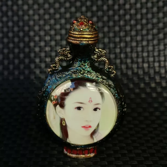 Beautiful art copper Double dragon ear beauty belle noctilucent snuff bottle