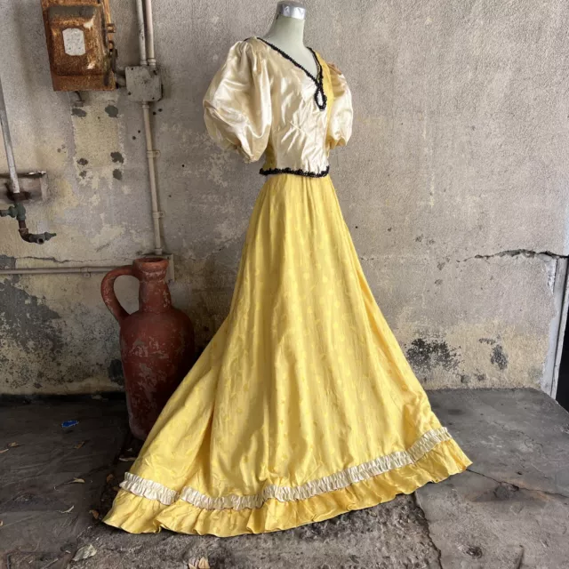 Antique Victorian Yellow Brocade Silk Puff Sleeve Dress Lace Up Corset  Vintage