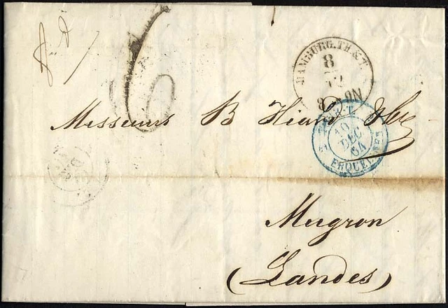 HAMBURG-THURN UND TAXISCHES O.P.A. 1864, HAMBURG TH & T, K1 auf Brief n. Mugron