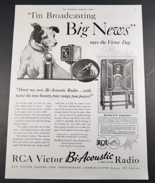 1932 RCA Victor Bi-Acoustic Radio Victor Dog Broadcasting Big News Print Ad