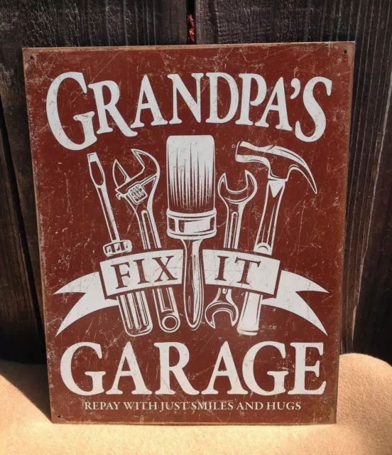 Grandpa's Fix It Garage Vintage Tin Metal Sign Poster Classic Car Hot Rod Shop