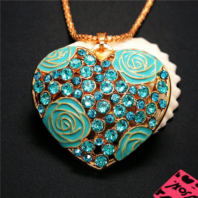 New Women Cyan Shiny Rose Heart Crystal Fashion Lady Pendant Sweater Necklace