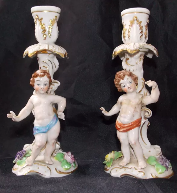 2 Anciens Bougeoirs Angelots Cherubins Porcelaine Allemande Saxe Meissen