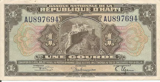 Banque Nationale De La Republique D Haiti Une Gourde 1919  CIR. Banknote #1