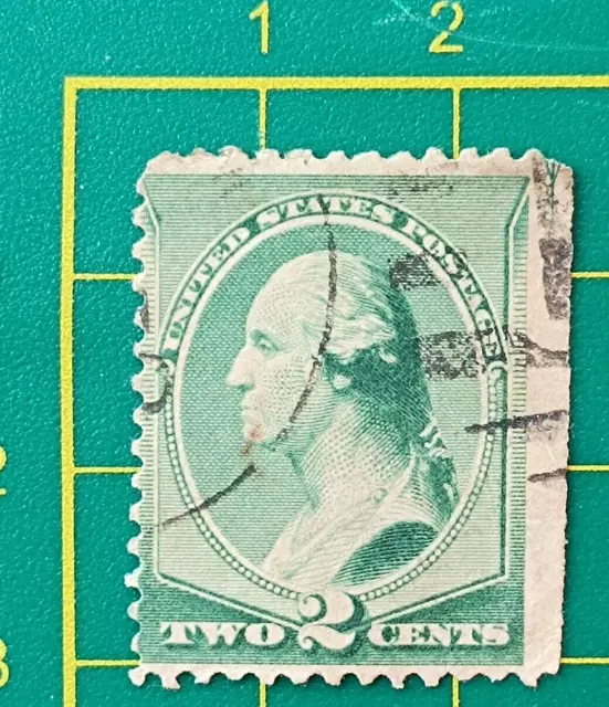 US Stamp 1887,Sc A57 #213,2c green used,Guide Line Arrow Upper Right Corner,Fine