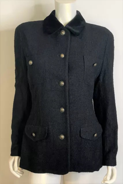 Laura Ashley Black Boucle Jacket 10 Velvet Collar Brass Button Front LS