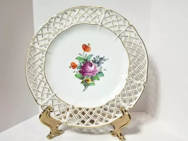 Antique Nymphenburg Reticulated Plate 10.25" HP Dresden Flowers VGC