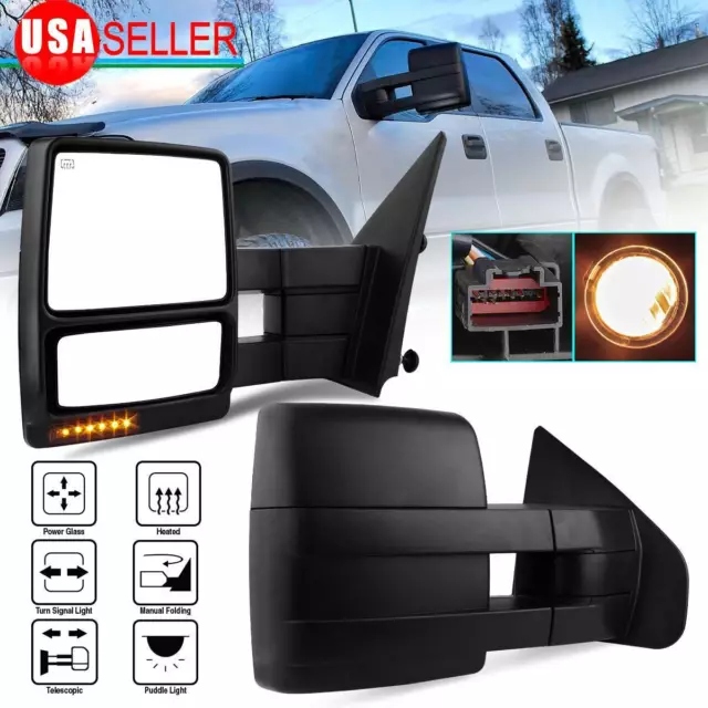 Pair Tow Mirrors for 07-14 Ford F150 F-150 Power Heated Puddle Light Turn Signal