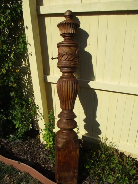 Antique Newel Post Victorian Hand Carved Leaves & Shell Solid Oak 60" Tall