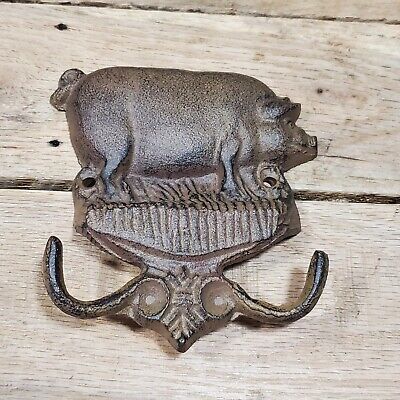 Pig Sow Cast Iron Double Hook Wall Mounted Rustic