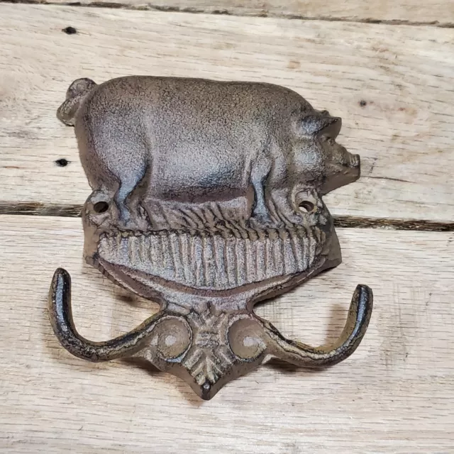 Pig Sow Cast Iron Double Hook Wall Mounted Rustic
