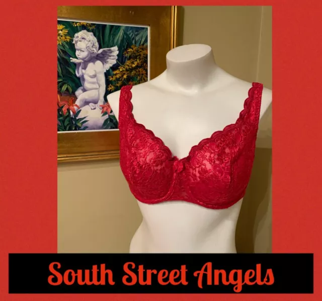 VINTAGE OLGA 33007 ~ RED ~ FLORAL LACE SEMI SHEER UNDERWIRE BRA ~ SIZE 36C