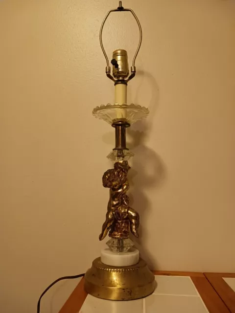 Child Angel Lamp. Brass Cherub with Crystal Accents and Marble Base. Art Nouveau