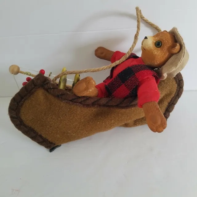 Vtg christmas ornament bear fisherman canoe felt resin primitive rustic pole