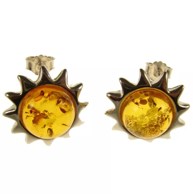 Baltic Amber Sterling Silver 925 Ladies Stud Sun Shaped Earrings Jewellery Gift