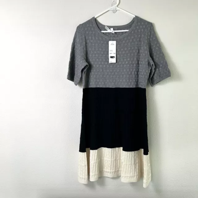 NY Collection Sweater Dress Womens Petite L PL Gray Black Ivory Colorblock NWT