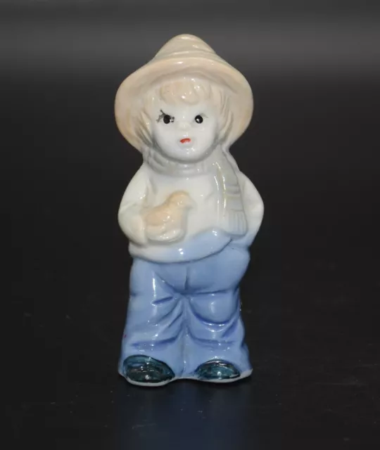 Boy with Hat Holding a Baby Duck Porcelain Figurine Hand Painted Vintage D-10