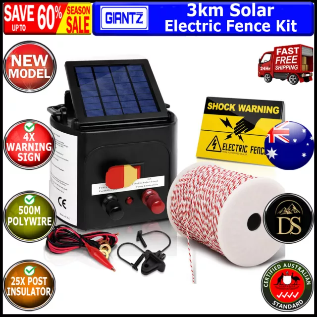 3km Solar Electric Fence Energiser Set Energizer Charger Tape Insulator Farm Kit