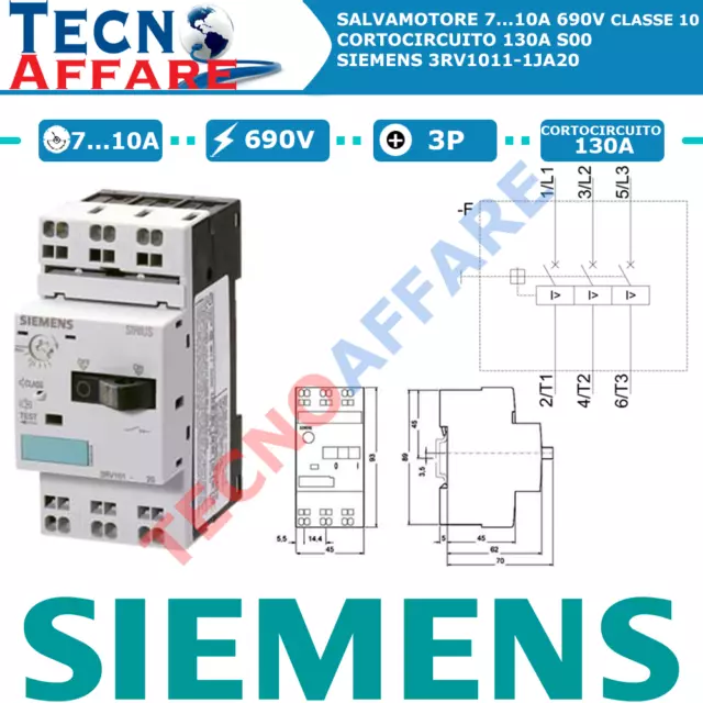 Salvamotore 7...10A 690V 3P Cortocircuito 130A S00 Protezione Motore Siemens