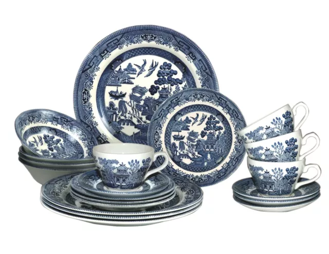 Churchill Blue Willow Plates Bowls Cups 20 Piece Dinnerware Set NEW