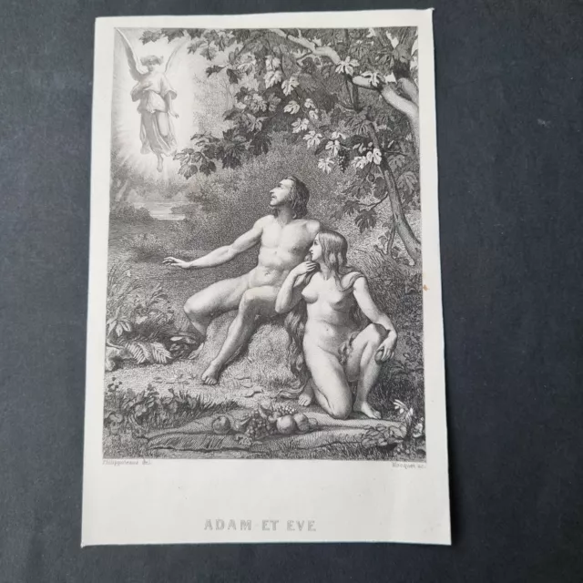Gravure XIXè par Félix Philippoteaux (1815-1884) Adam et Eve Etching 19thC