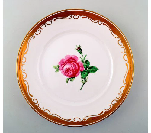 6 Royal Copenhagen large plates, hand painted with a pink rose (same motiv)