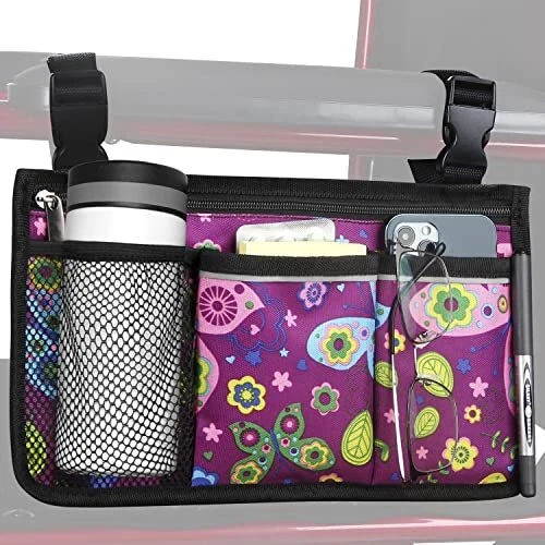 Actualización Color Flor Bolso para Silla de Ruedas Organizador Lateral Almacenamiento Púrpura Mariposa