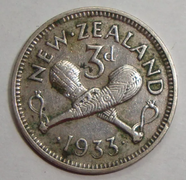 1933 New Zealand Three 3 Pence George V Silver World Coin