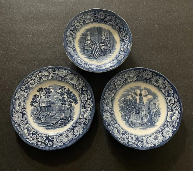 Lot Of 3 Vintage Liberty Blue Ironstone Montecello Old North Church Betsy Ross