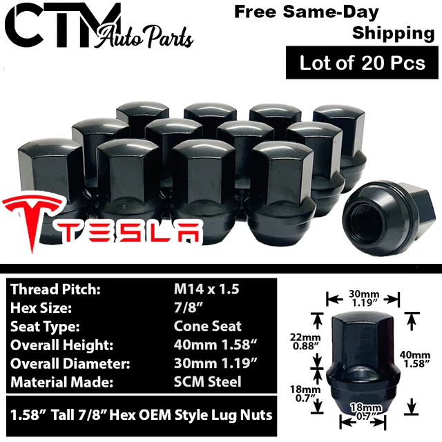 20PC BLACK TESLA MODEL 3 MODEL X MODEL S MODEL Y LUG NUT FIT 14x1.5