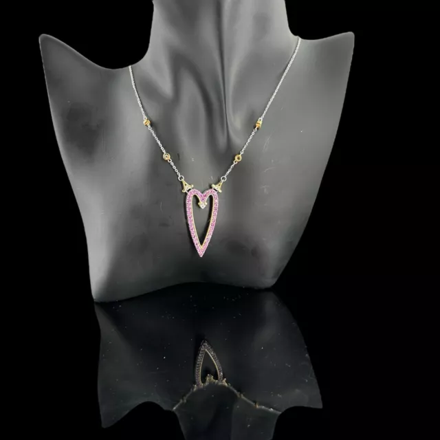 sterling silver two tone 18" necklace w pink heart and bezel set station stones