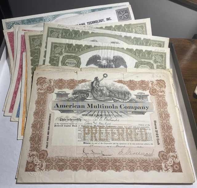 14 Lot Stock Certificate (1911 1927 1950 1970s) Tech Media Vintage Antique