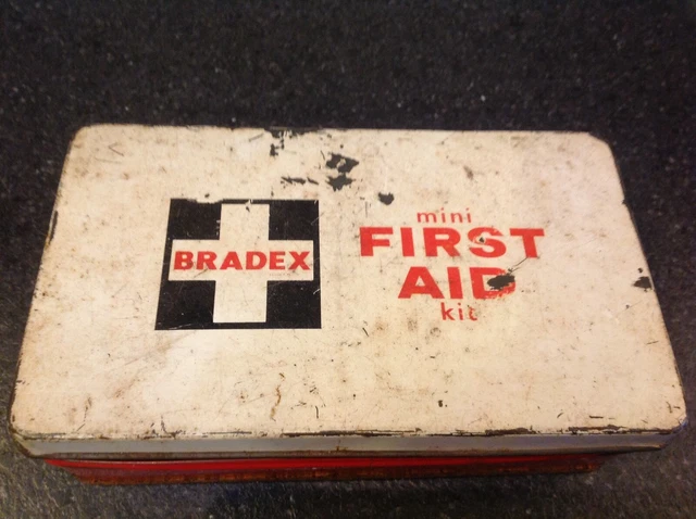 Vintage Bradex Mini First Aid Kit Tin White Lid and Red Base