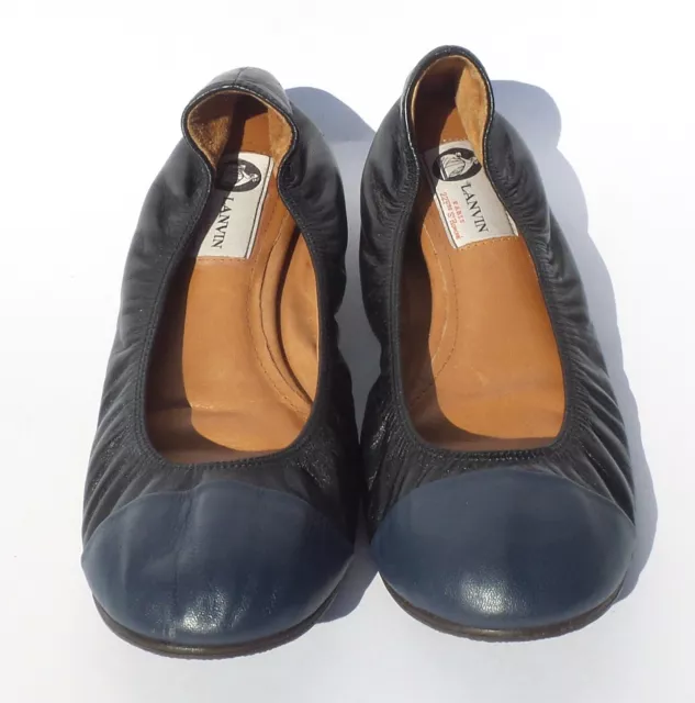 LANVIN Black Leather Navy Cap Toe Classic Stretch Collar Ballet Flats 38.5 39 GC