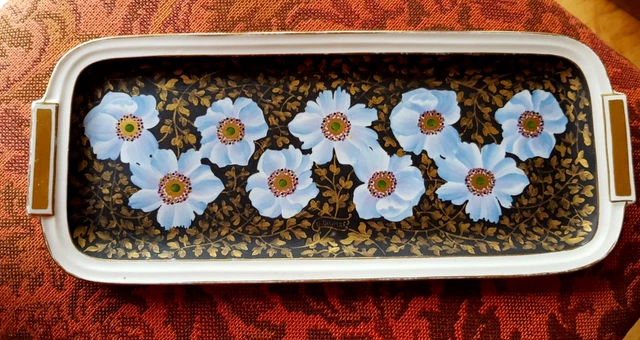 Plat à Cake Porcelaine De Limoges 1970 – Décor Plumes Peint Main – Vintage Rectangle