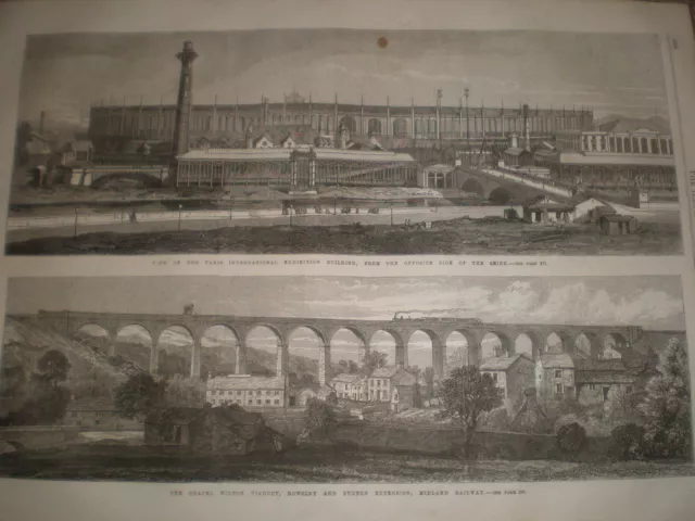 Paris Exhibition building from Seine & Chapel Milton viaduct 1867 print ref Y4