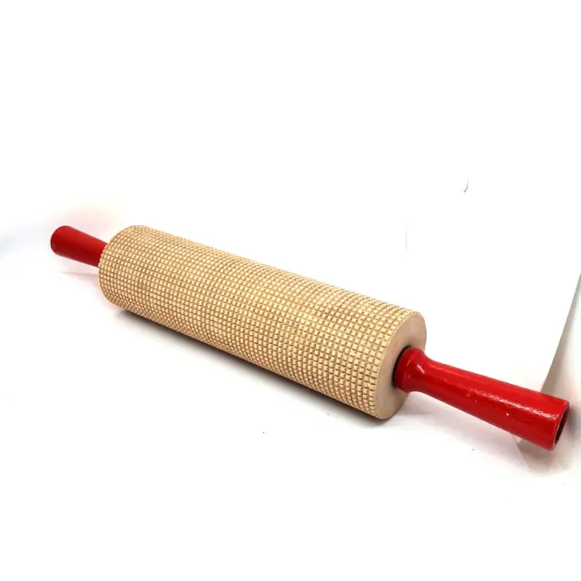 Lefse Wood Red Handle Ribbed 10" Rolling Pin Scandinavian Flat Bread 17" Overall