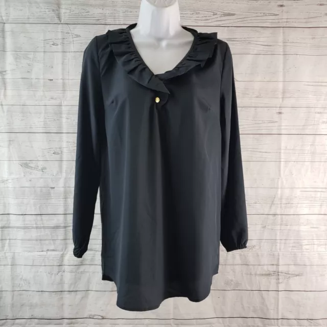 Mud Pie Womens Whitney Ruffle Neck Tunic Sz XS Solid Black Long Sleeve