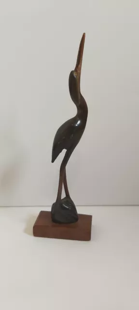 Vintage Wood Bird Stork Egret Heron Crane Carved Horn Figurine Mounted