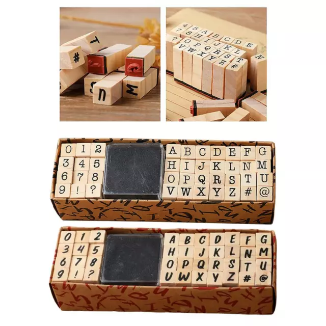 Satz von 40 Stempeln aus Holz im Vintage Stil mit Zahlen und Buchstaben,