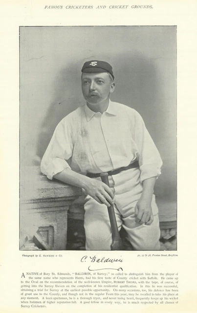 Charles Baldwin. Batsman. Surrey cricketer 1895 old antique print picture