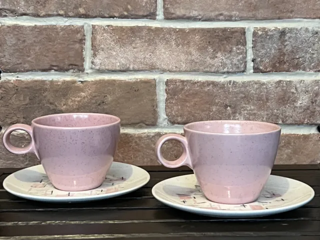 Pair of Vtg 1958 Vernon Ware Tickled Pink Tea/Coffee Cups & Saucers MCM Atomic