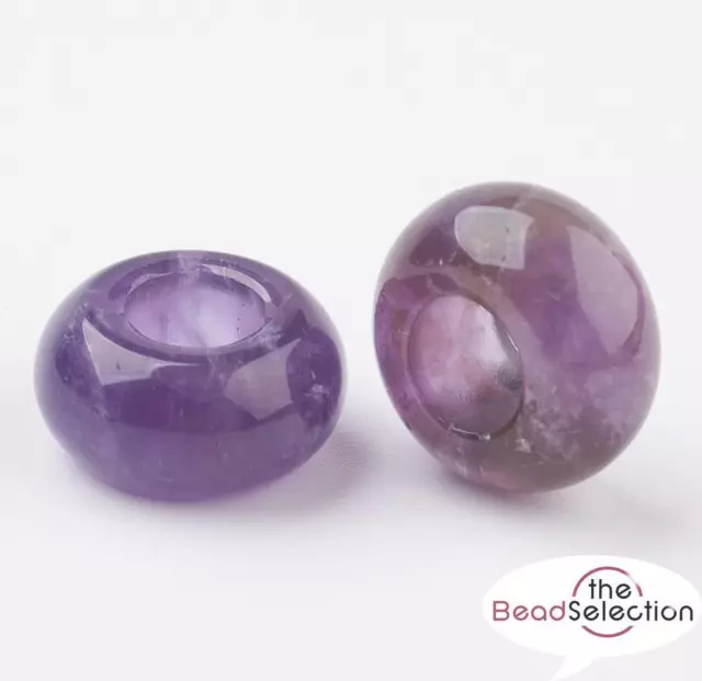 2 AMETHYST GEMSTONE RONDELLE DONUT BEADS 14mm x 8mm EUROPEAN LARGE HOLE 6mm GS69