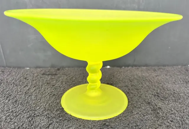 Tiffin Glass Vaseline Canary Satin Twist Stem Bowl Flared Rim ca 1920 (Glows)