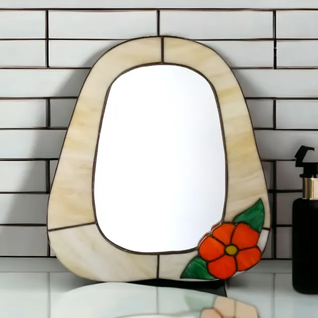 Stained Glass Floral Mirror Accent Handmade Wall Lead Trim Vintage Bohemian