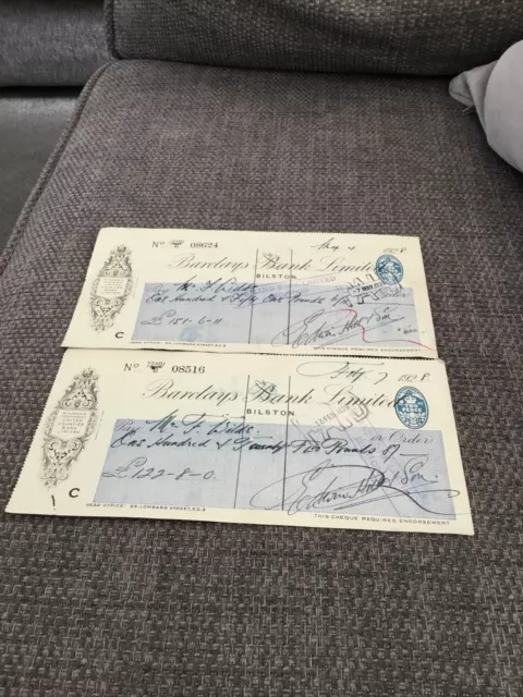 Vintage Barclays Bank Used Cheques 1928 Payable To Mr F Wilde x 2