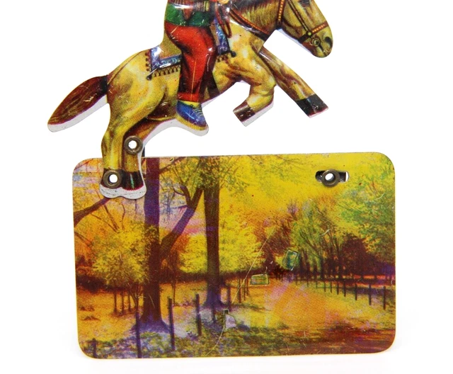 VINTAGE TIN LITHO Clicker Noisemaker Horse W/ Rider Woods Path Scene